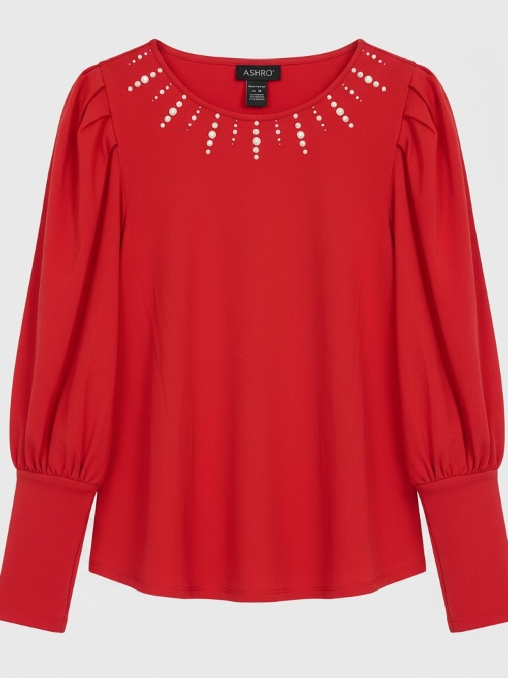 NWOT Ashro Red Pearl Embellished Top Fitted Cuff Puff Sleeve Size M